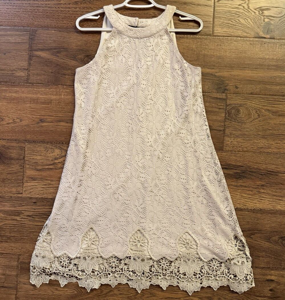 Roxberi Lace Shift Dress Small Beige Sleeveless Crochet Hem Boho Lined